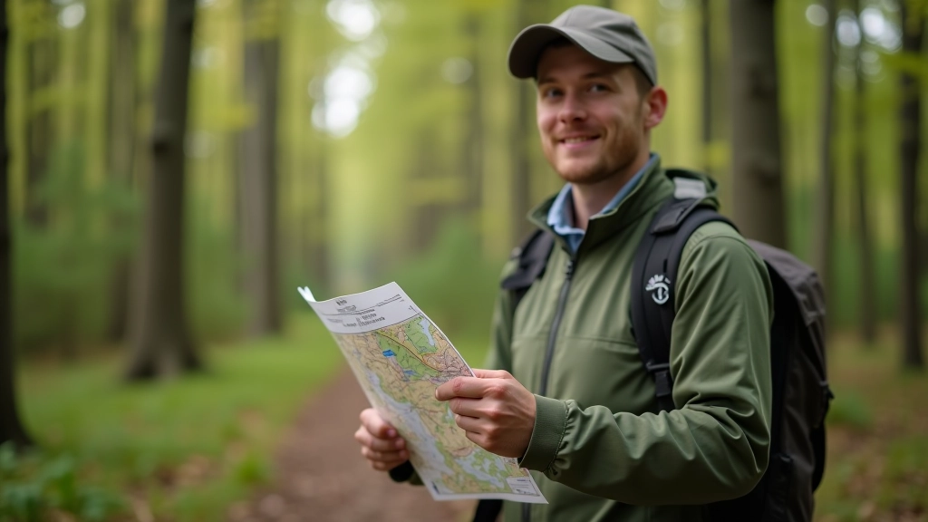 Ceļveža roka ar kompasu un karti parka maršrutā
